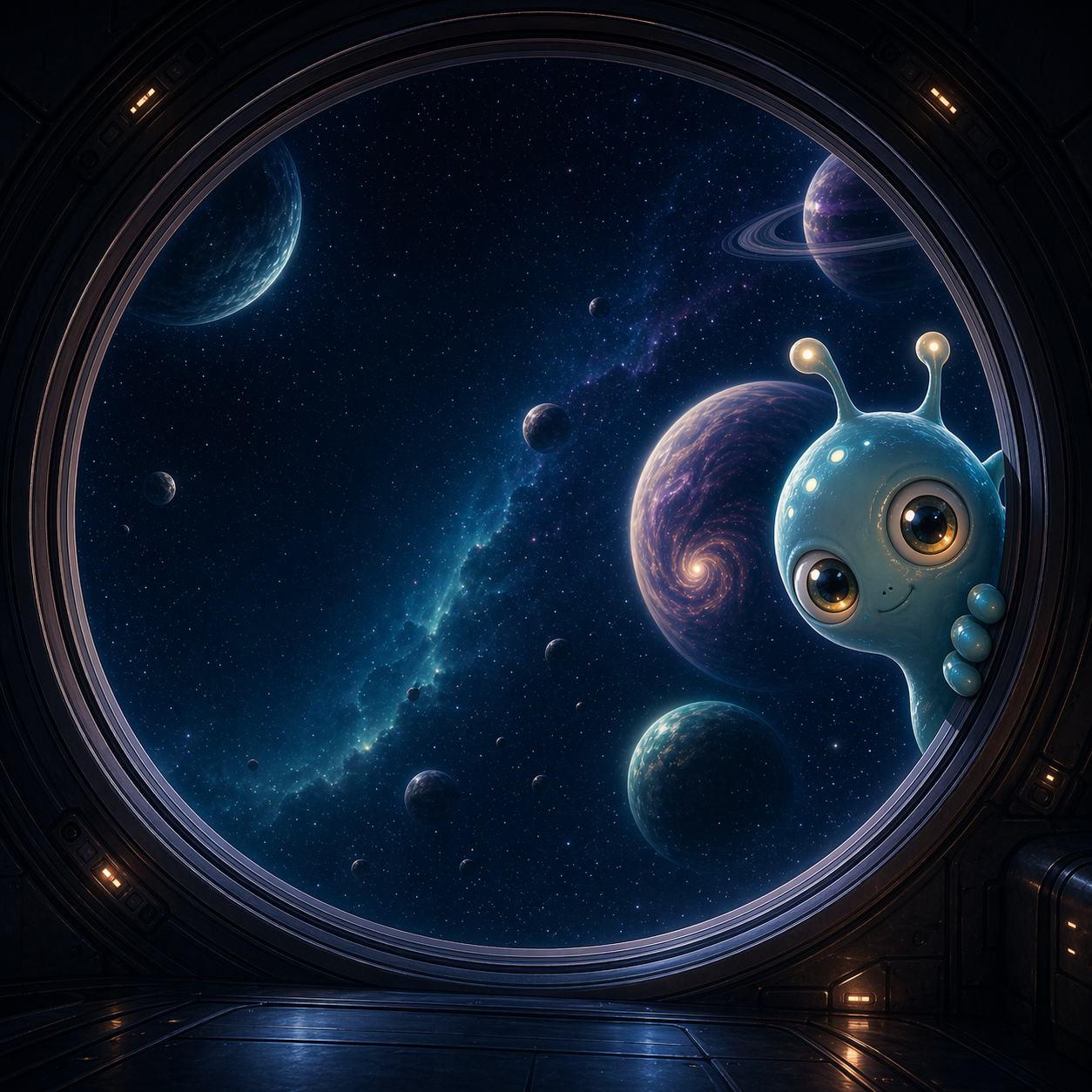 Alien looking through a spaceship window